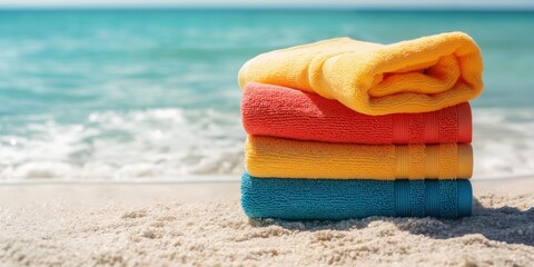 Close-up of a stack of brightly colored beach towels with a blurred ocean background suggesting a leisurely day