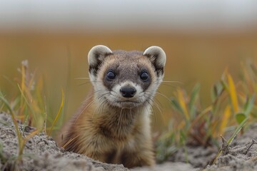 Fototapeta premium A black-footed ferret peeking out from its burrow in a grassy prairie, its slender body and masked face alert and watchful. 