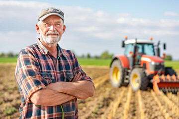 A man is standing in a field with his arms crossed in front of a red tractor under a blue sky