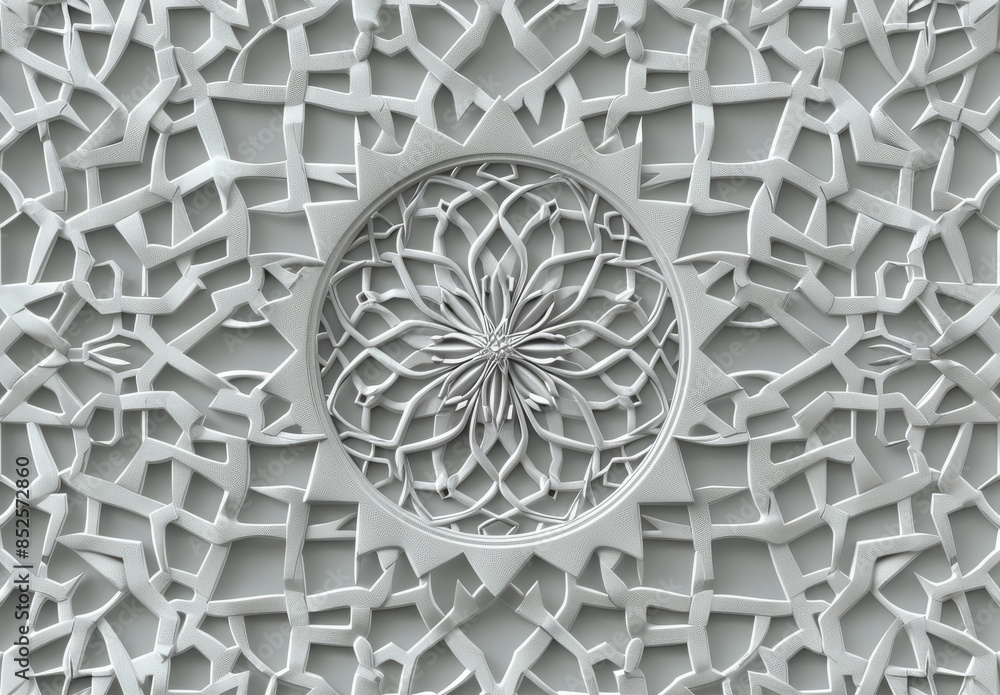 Poster light gray background with subtle islamic geometric patterns