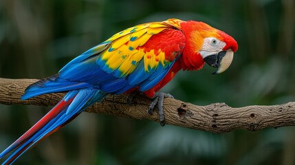 Fototapeta premium Colorful Parrot: A close-up of a brightly colored parrot perched on a branch, showcasing its vibrant feathers and sharp beak.