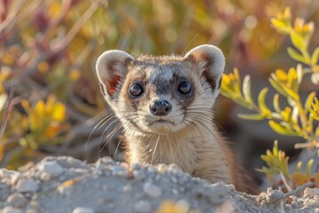 Fototapeta premium A black-footed ferret peeking out from its burrow in a grassy prairie, its slender body and masked face alert and watchful. 