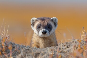 A black-footed ferret peeking out from its burrow in a grassy prairie, its slender body and masked face alert and watchful. 