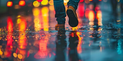 Close-up of a person s feet walking on a rain-soaked pavement with reflections of city lights