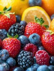 Obraz premium Assorted Fresh Berries And Citrus Fruits Including Strawberries, Blueberries, Blackberries, And Lemons.