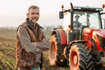 A man in a field with a tractor, keywords wheels, tires, vehicles, tractors, machinery