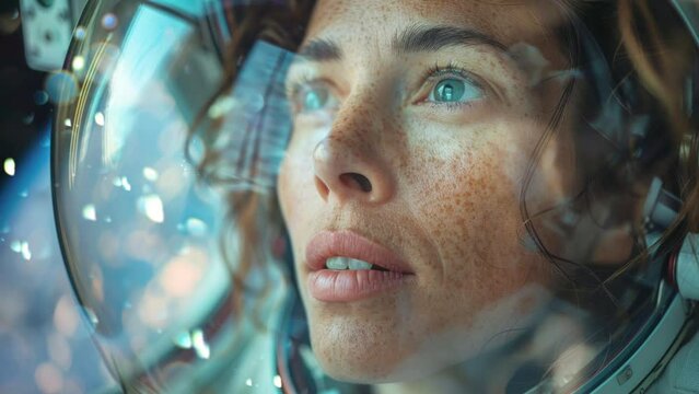 Caucasian female astronaut looking at the earth through the window of a space rocket ship in outer space