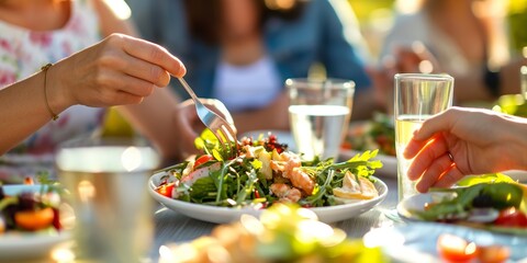 A gathering of people having a salad meal together, enjoying outdoor dining