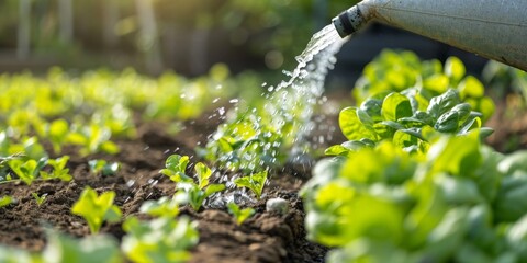 Close-up of a smart irrigation system watering plants, showcasing efficient water use and sustainability, ideal for themes of green innovation and smart agriculture