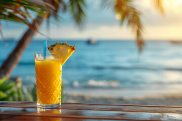tropical cocktail with slice pineapple on the table against a blurred background of the sea, beach bar or resort hotel, summer vacation concept