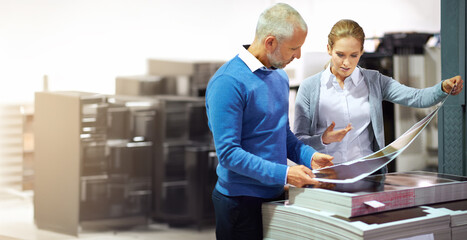 Man, woman and printing in warehouse with check, creative manager or designers with teamwork....