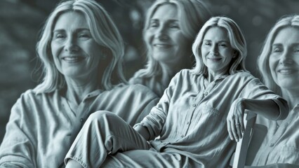 A woman sitting on a chair with her face in the middle of two pictures, AI