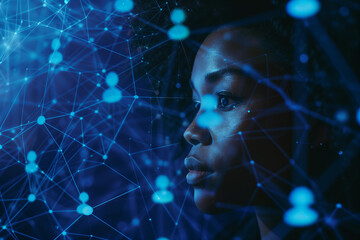 Black woman looking at digital screen with social network concept, portrait of young businesswoman in dark blue background and many virtual people icon portraits floating on tech grid system