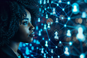 Black woman looking at digital screen with social network concept, portrait of young businesswoman in dark blue background and many virtual people icon portraits floating on tech grid system