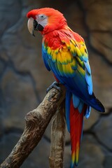 Obraz premium Colorful Parrot: A close-up of a brightly colored parrot perched on a branch, showcasing its vibrant feathers and sharp beak.