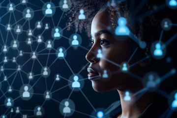 Black woman looking at digital screen with social network concept, portrait of young businesswoman in dark blue background and many virtual people icon portraits floating on tech grid system