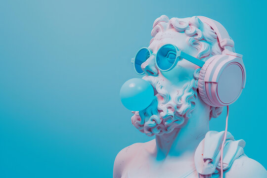 gods in blue sunglasses and headphones, blowing bubblegum. Greek statue,modern art, pop culture fusion, contemporary decor, trendy advertisement, youth fashion campaigns, quirky interior design