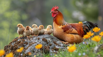 Fototapeta premium A Proud Hen and Her Chicks on a Rock