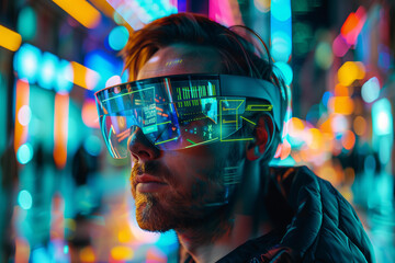  handsome man wearing futuristic AR glasses, hologram cyberpunk interface floating in front his face, digital glowing lines and numbers on screen background, cyber city street, double exposure 
