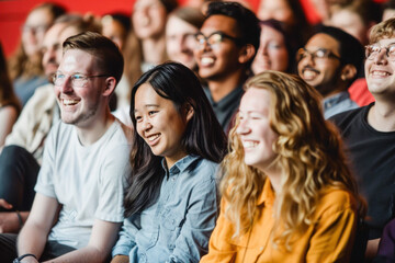 Fototapeta premium A group of people are gathered in a theater, enjoying a shared moment of laughter and amusement