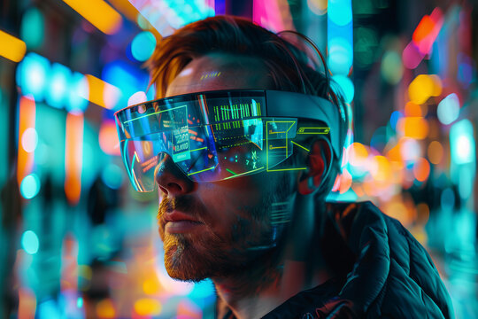  handsome man wearing futuristic AR glasses, hologram cyberpunk interface floating in front his face, digital glowing lines and numbers on screen background, cyber city street, double exposure 