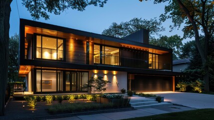 Photo of modern house with outdoor lighting, at night, external view