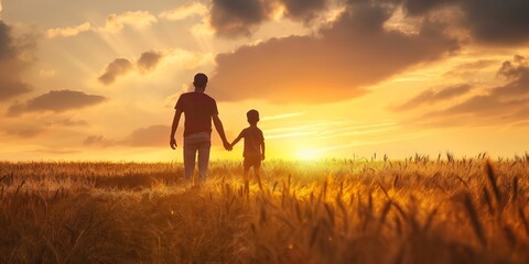 Silhouettes of a father and son holding hands, walking through a field during a breathtaking sunset