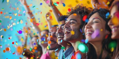 Obraz premium A vibrant and lively scene of a festive celebration with people, confetti, and festive decorations in bright colors