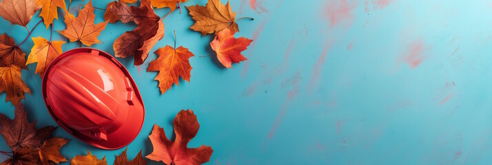 Red construction helmet surrounded by autumn leaves on a blue background, symbolizing fall and safety. Concept for seasonal themes and Labor Day