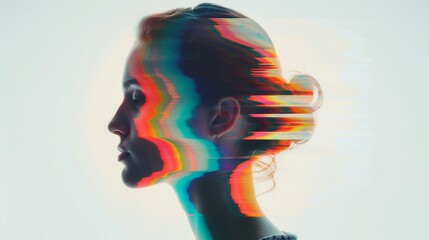 Double exposure girl with light beams, vivid hues (close up, focus on, copy space) Double exposure silhouette with light beams