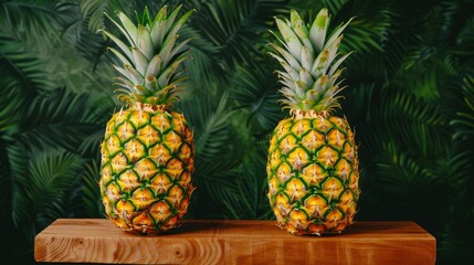 Dual ripe pineapples on a wooden platform, dark textured backdrop enhancing tropical freshness, vibrant yellow and green tones, rich and colorful