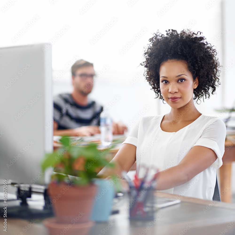 Poster portrait, web design or african woman on computer for digital project development or problem solving