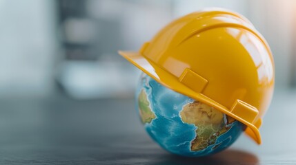 Earth wearing a safety helmet, symbolizing global workplace safety for World Day of Safety and Health at Work, promoting health and safety awareness