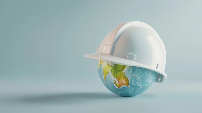 Earth wearing a safety helmet, symbolizing global workplace safety for World Day of Safety and Health at Work, promoting health and safety awareness