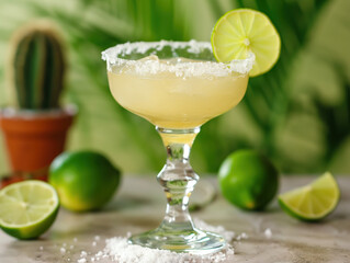Fototapeta premium Refreshing Margarita Cocktail with Lime and Salt Rim in a Tropical Setting
