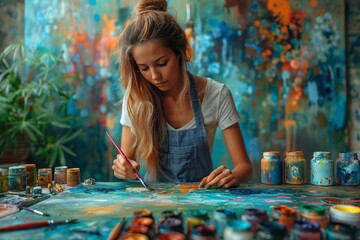 A focused young woman paints a colorful canvas in a vibrant art studio filled with paint jars and creative energy.

