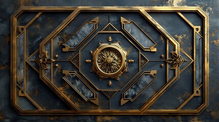 Fototapeta premium A sophisticated design featuring Art Deco style octagons with golden lines on a black velvet background. The opulent gold patterns are intricately detailed