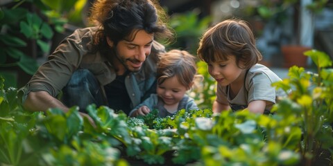A father spends quality time with his two young children in a lush garden, exploring and enjoying the fresh outdoors.

