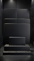 Fototapeta premium Sleek Black Friday Product Display Podium - Single Flat Black Horizontal Stand with Ample Presentation Space, Featuring All-Black Design, Geometric Patterns, Dark Black Background, Black Podium