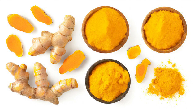 Kurkuma St&uuml;cke teile set isoliert auf wei&szlig;en Hintergrund, Freisteller, Draufsicht 