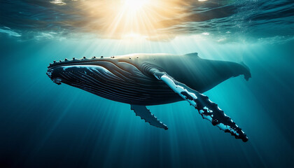 Naklejka premium A majestic humpback whale swimming gracefully underwater, with sunlight filtering through the water