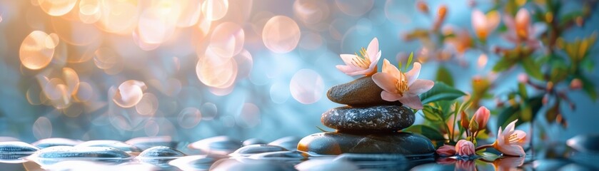 Fototapeta premium Peaceful spa scene with balanced stones and blooming flowers, perfect for meditation and relaxation-themed content.