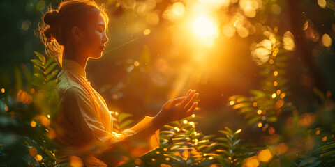 A woman meditates in a forest at sunset, surrounded by golden light and lush greenery, reflecting a peaceful and spiritual moment.

