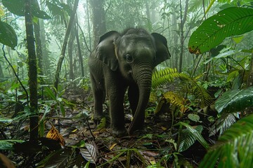 Fototapeta premium A Borneo pygmy elephant walking through a dense rainforest, its small stature and long trunk used to grasp branches.