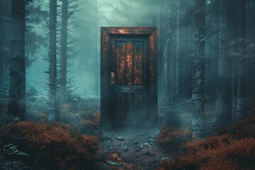 Mysterious old door in a foggy forest, surrounded by trees and mist, evoking a sense of mystery and adventure.
