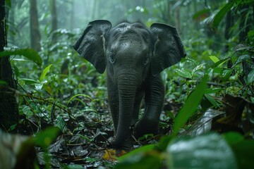 Fototapeta premium A Borneo pygmy elephant walking through a dense rainforest, its small stature and long trunk used to grasp branches.