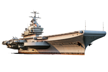 Majestic Grey Giant: An Aircraft Carriers Solemn Presence at Dawn on a Clear PNG or White Background.