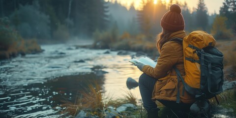 A person reads a book by a tranquil stream, surrounded by autumn foliage and bathed in soft morning light, reflecting a peaceful and contemplative moment.

