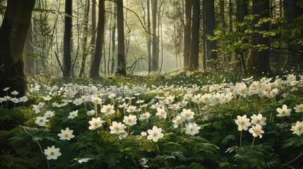 Obraz premium Blooming Wood Anemones Anemone nemorosa in bloom