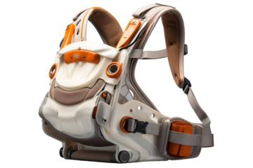 Futuristic White And Orange Baby Carrier With Adjustable Straps on a Clear PNG or White Background.